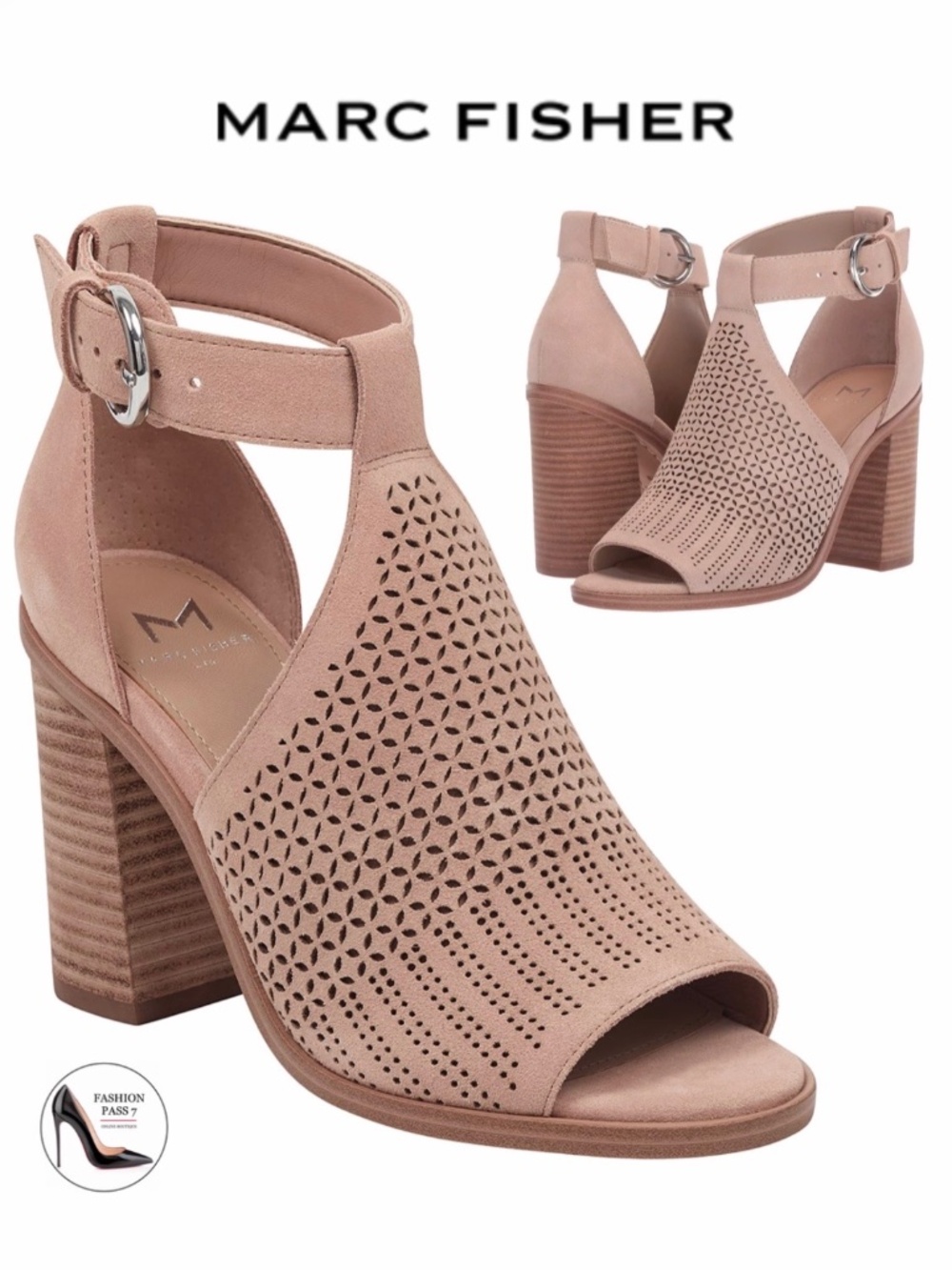 Marc Fisher Vixen Ankle Strap Sandals Pinky Natural Suede Block Heel Shoes 6.5
